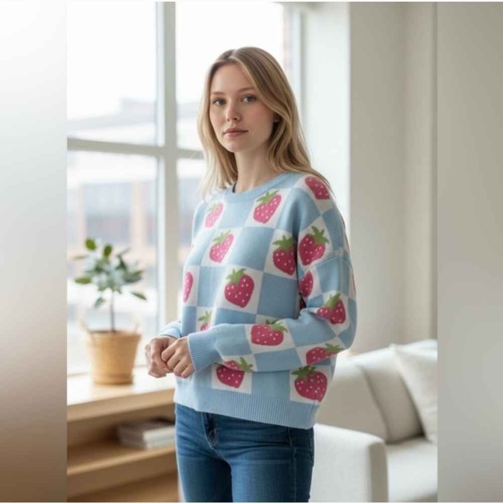 Chic Strawberry Patterned Light Blue Sweater - image 1